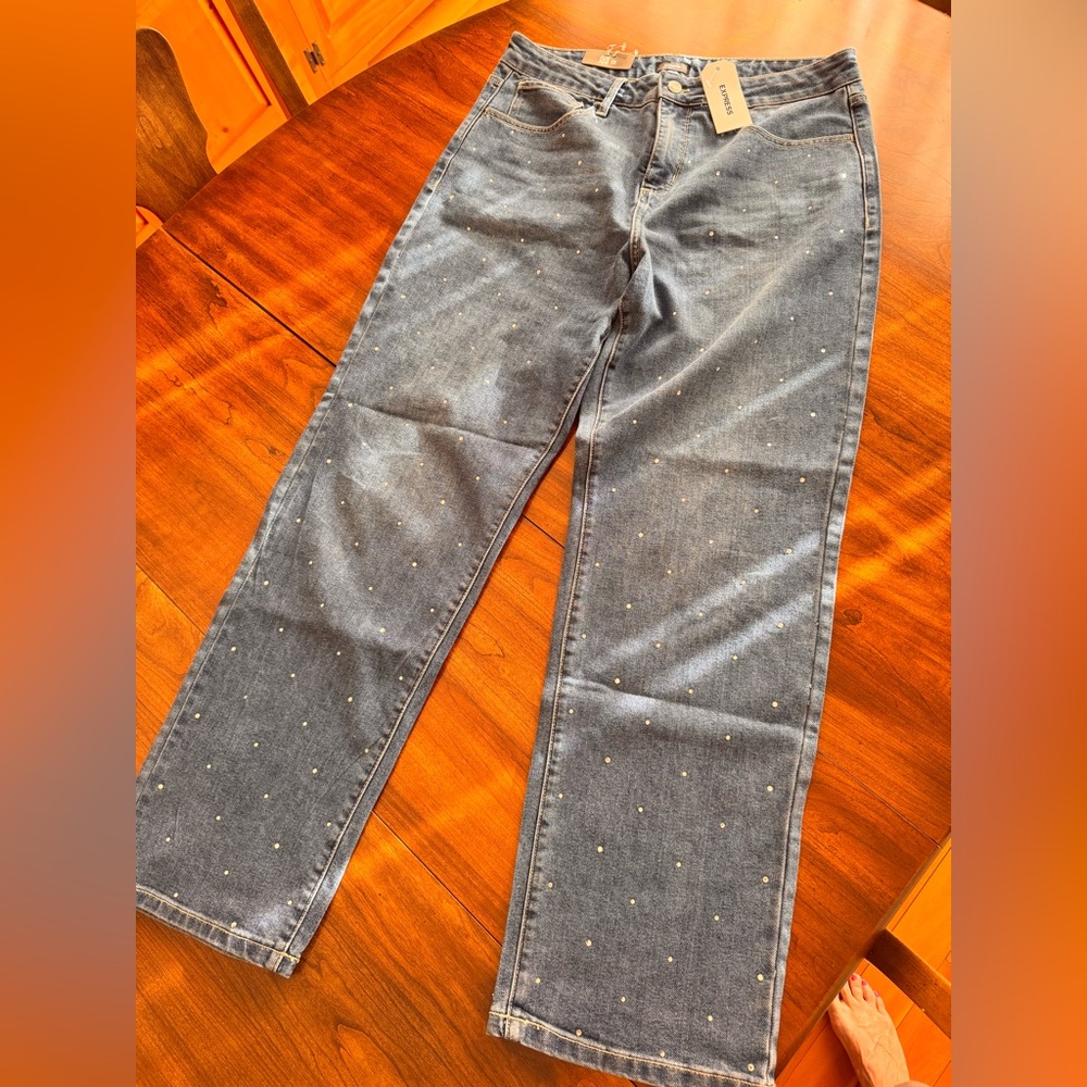 EXPRESS blue denim jeans w/ rhinestones on front side.  $98 brand new. SIZE 12.